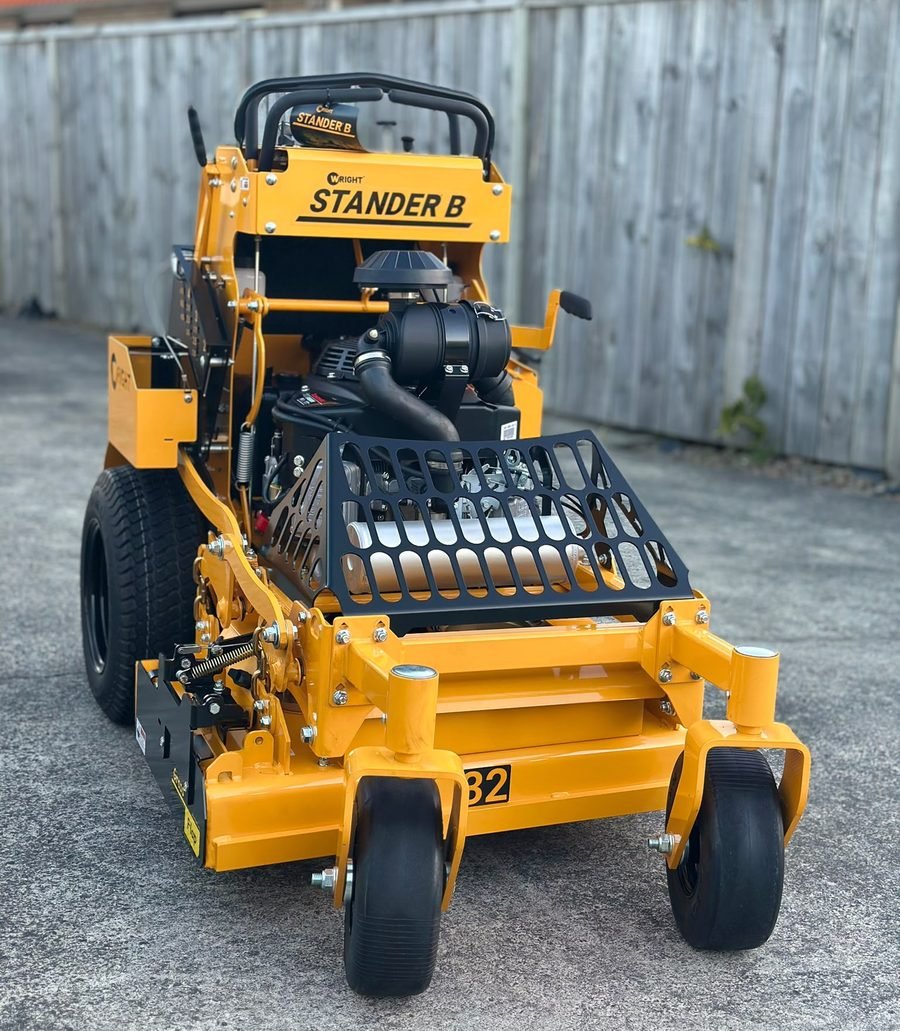 Wright Stander B stand-on mower, front view, Mesh Master Hamilton